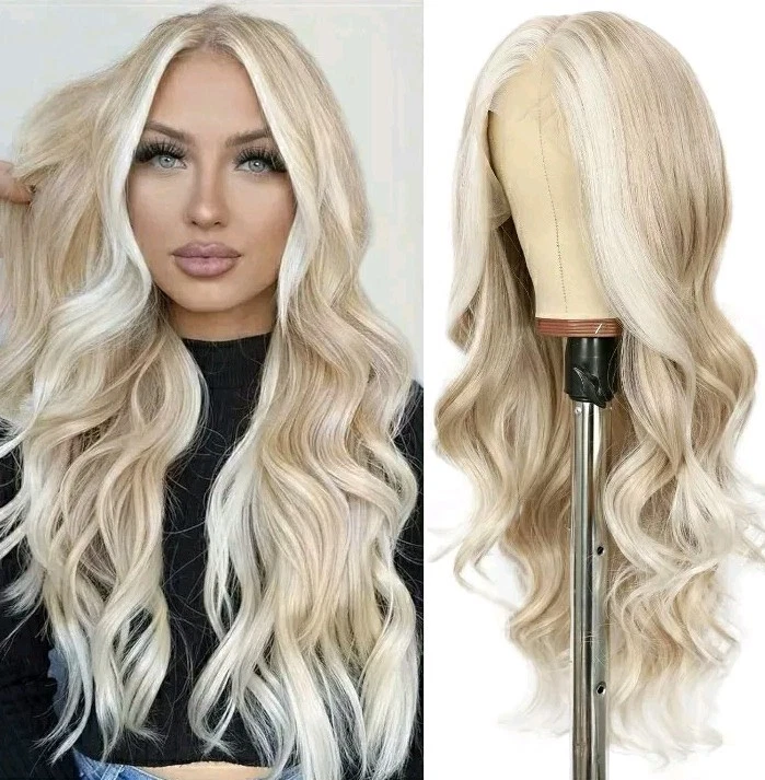 HD Lace Front Wig Human Hair Blend Highlights Platinum Ash blonde Money Peices - Image 1 of 4