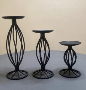 3 Home Decor Pillar Candle Stands Pedestals Black Metal Swirl Staggered Heights - Picture 1 of 4