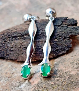 100% Natural Zambian Emerald Gemstone Earrings 1.5", 925 Solid Sterling Silver - Picture 1 of 9