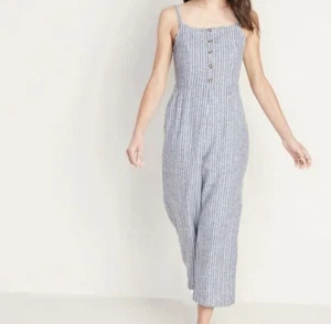 Old Navy Jumpsuit Blue White Stripe One Piece Romper Linen Blend Pockets S NWT - Picture 1 of 7
