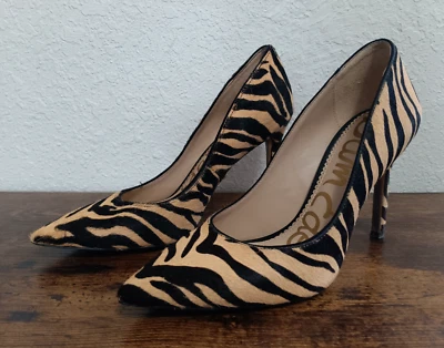 Bomba de tacón alto Sam Edelman Hazel estampado de tigre rayas punta puntiaguda pelo de vaca talla 6 Foto 1 de 4