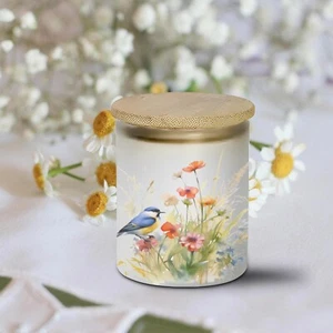 Floral Birds Frosted Candle Jar, Tealight With Timer Included - Picture 1 of 7