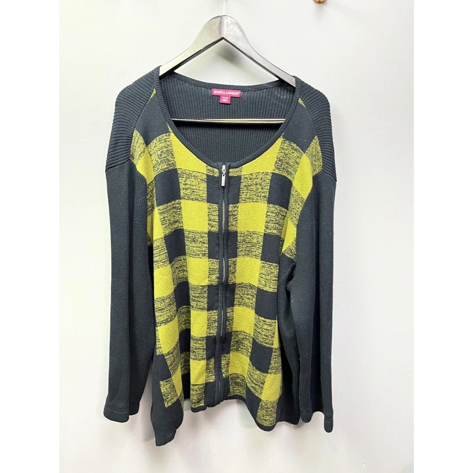 Женский свитер Jessica London большого размера 26/28 зеленый/черный клетчатый на молнии спереди - Изображение 1 из 4