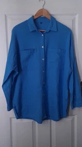 Camisa Mujer Azul Botón Doble Pecho Bolsillo Talla Grande 10 Lino Viscosa - Imagen 1 de 8