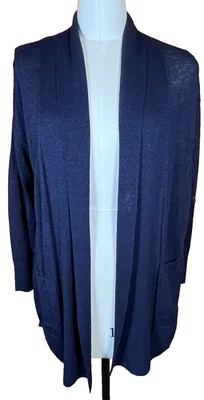 Talbot NEW Linen Blend Long Open Cardigan Sweater M Navy Blue Pockets Medium - Image 1 of 4