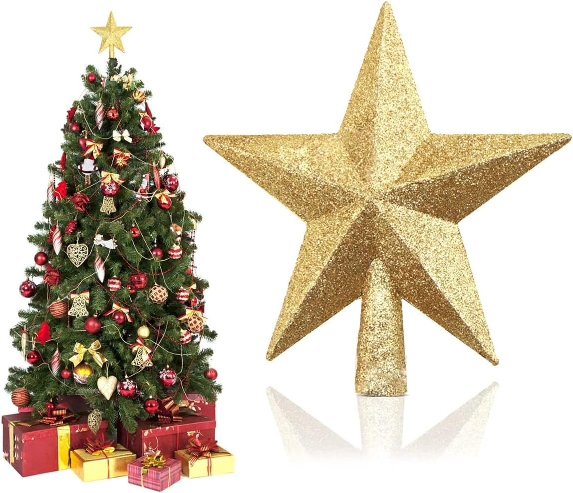 Goldene Weihnachtsbaumspitze Aus Metall – 40,6 Cm Großer Funkelnder Stern, Faltbar | Moderne Baumkrone Für Echte & Künstliche Bäume
