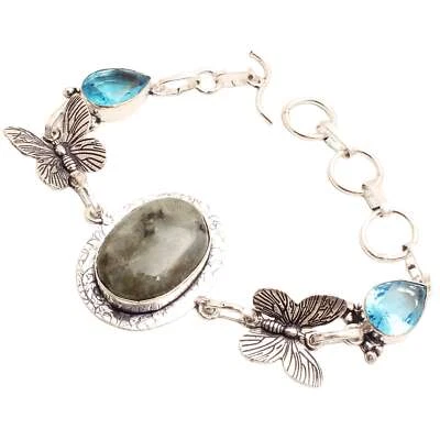 Pietra Labradorite Placcato Argento Bracciale Handmade Gioielli Regalo 17 G - Immagine 1 di 3