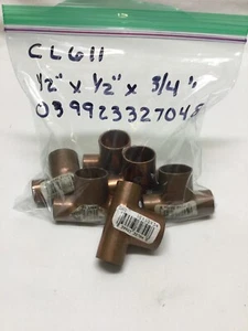 6 NIBCO COPPPER 1/2" X 1/2" X 3/4" REDUCING TEES #U611 - Picture 1 of 2