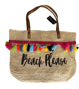 INC “Beach Please” Arriana Straw Tote Shoulder Bag Boho Rainbow Tassel Trim - Picture 1 of 12