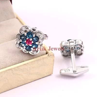 Heated Ruby & London Blue Topaz Gemstone With 925 Sterling Silver Cufflink #164 - Image 1 of 3