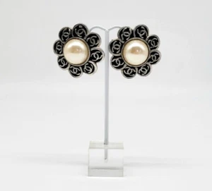 Vintage Chanel Pearl Flower Clip on Stud Earrings with Chanel Logo in Silver - Picture 1 of 11