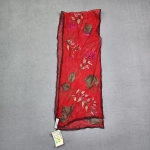 Elaine Gold Silk Red Floral Leaves Graphic Scarf 52”x 10” Collection XIIX - Picture 1 of 6