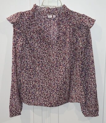 GAP Relaxed Splitneck Ruffle Top XS Purple Floral L/S Lightweight Cotton - Image 1 of 4