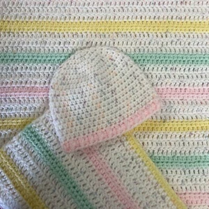 Handmade Crochet Baby Blanket & Hat | Pink, Green & Yellow Striped Baby Blanket - Picture 1 of 8