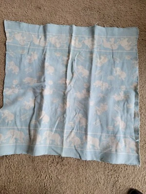 Baby Blanket With Elephants 28 1/2x28 1/2 Blue Baby Boy Vintage Nursery - Image 1 of 4