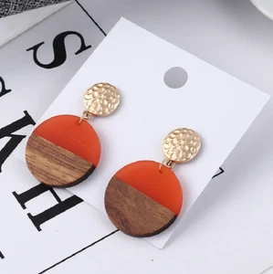 Orange Wooden Geometric Earrings - Round Circle Acrylic Resin Lightweight Wood - Picture 1 of 5