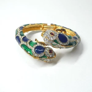 Kenneth Lane Koi Fish Enamel Rhinestone Bracelet Blue Green Vintage Cuff - Picture 1 of 12