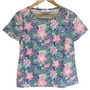 Vineyard Vines Women's Small Top Blue Pink Island Floral Cotton Summer Tropical - Picture 1 of 7