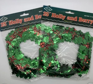 Vintage 2 Stück 25' Draht Girlande Stechpalme & Beere Pfeife Glanz & Flex Weihnachten Lametta - Bild 1 von 7