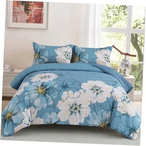 Blue Floral Comforter Set Size Soft Lightweight King Blue Watercolor Flowers - Picture 1 of 8