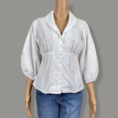 Magaschoni 白色聚集帝国腰气球袖纽扣衬衫上衣 8 码 — 第 1/4 张图片