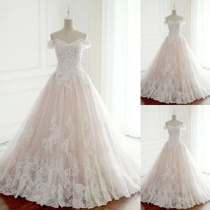 Lace Wedding Dresses Off Shoulder Sweetheart Light Champagne A Line Bridal Gowns - Picture 1 of 10
