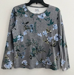 Croft & Barrow Women's Gray w Blue Floral Long Sleeve Top - Size Medium - Picture 1 of 10
