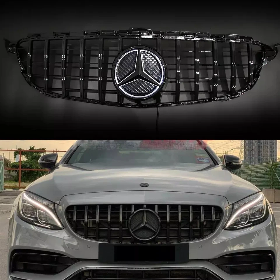 Glossy Black Grille w/Led Emblem For Mercedes W205 2015-2018 C200 C300 C400 C43 - Image 1 of 4