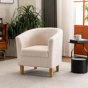 Tub Chair Boucle Fabric Cream Wooden Legs Armchair Living Room Modern Office - Picture 1 of 9