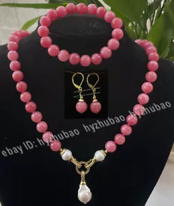 Collar de perlas barrocas blancas gemas de cuarzo fresa de 10 mm 20" + pulsera + pendientes - Imagen 1 de 12