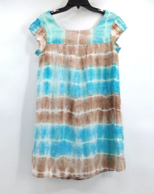 CALYPSO St Barth Dress S Blue Brown Linen Tie Dye Lined Shift Cap Sleeve Beach - Image 1 of 4