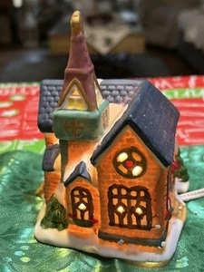 Beautiful Winter Scene- 10 Figures- 4 Buildings- 2 Trees & Lamp Post- Lights Up - Picture 1 of 11