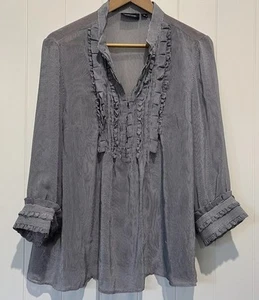 Gordon Smith Women’s Blouse Size 16 Fine Navy/White Stripe Chiffon Pleated Frill - Picture 1 of 6