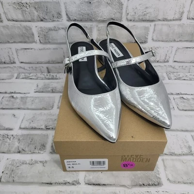 Pristine Steve Madden Anyaa Crinkle Silver Sling Back Pointed Toe Flats Size 8.5 - Image 1 of 4