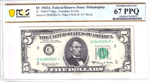 1963-A Federal Reserve Note *STAR* Philadelphia PCGS 67PPQ #C04950547* - Picture 1 of 2