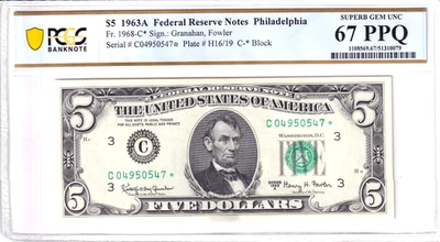 1963-A Federal Reserve Note *STAR* Philadelphia PCGS 67PPQ #C04950547* - Image 1 of 2