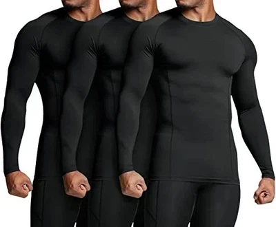  Camisas de compresión de manga larga UPF 50+ para hombre, pequeñas paquete de 3 negras/negras/negras Foto 1 de 4