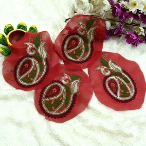 Indian Vintage 4 Pcs Rare Appliques Red Georgette Applique VERY OLD ANTIQUE - Picture 1 of 7