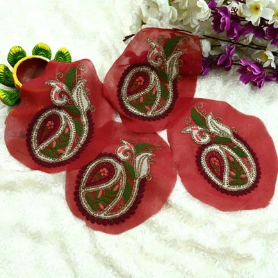 Indian Vintage 4 Pcs Rare Appliques Red Georgette Applique VERY OLD ANTIQUE - Image 1 of 4