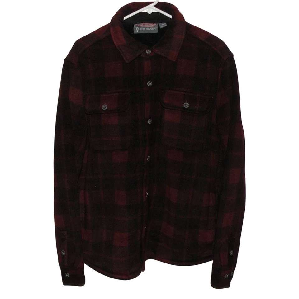 Free Country Men’s Medium LS Button Fleece Lined Shirt Shacket Red Black Plaid - Image 1 of 3