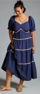 English Factory Anthropologie Navy Blue Maxi Dress Embroidered Stripe Size 3XL - Picture 1 of 8