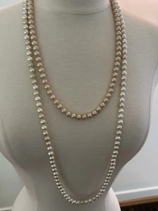 Vntg. pearlescent pearl beaded strands with barrel silver closure, 18"&12" - Picture 1 of 6