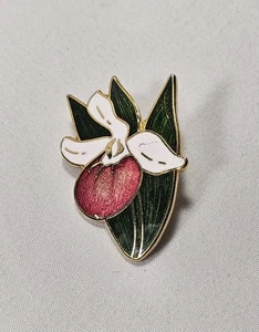 Vintage Cloisonne Floral Lady Slipper Orchidee Brosche Anstecknadel  - Bild 1 von 3