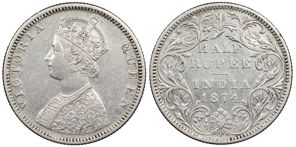 INDIA Victoria 1874 (punto/perla) media rupia (1/2 rupia) EF Foto 1 de 1