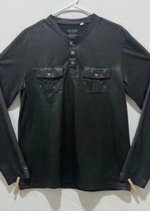 EUC Men's Guess Long Sleeve Henley Shirt Size M Pullover Black Chest Pockets - Picture 1 of 5