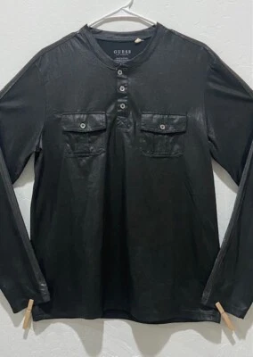 EUC Men's Guess Long Sleeve Henley Shirt Size M Pullover Black Chest Pockets - Image 1 of 4