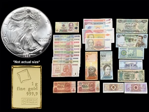 1 Gram Gold Bar Valcambi Suisse, Silver Eagle, & 28 World Banknote Set Lot - Picture 1 of 24
