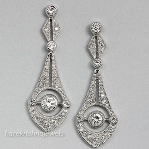 Vintage Art Deco 3CT Round Lab Created Diamond Drop Dangle Earrings 14K Gold FN - Picture 1 of 6