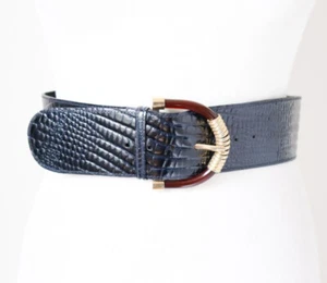 Cinturón ancho vintage azul oscuro - cuero falso - cocodrilo en relieve - XS - Imagen 1 de 7