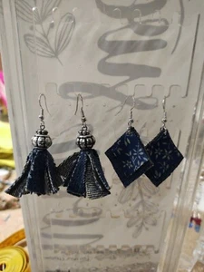 Zwei Paar Denim Ohrhänger/Quaste und Diamantform Denim Ohrring Handarbeit - Bild 1 von 8